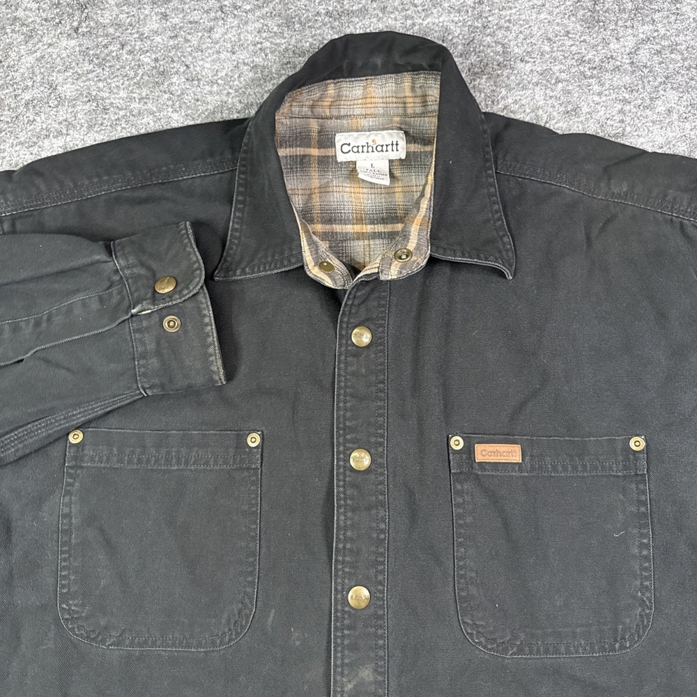 Carhartt snap shirt jacket men's LT large tall black denim plaid flannel lined